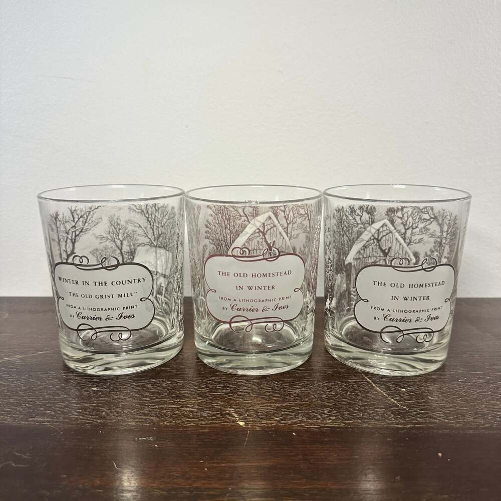 Currier and Ives Double Old Fashioned Glass Winter scenes, set of 3
